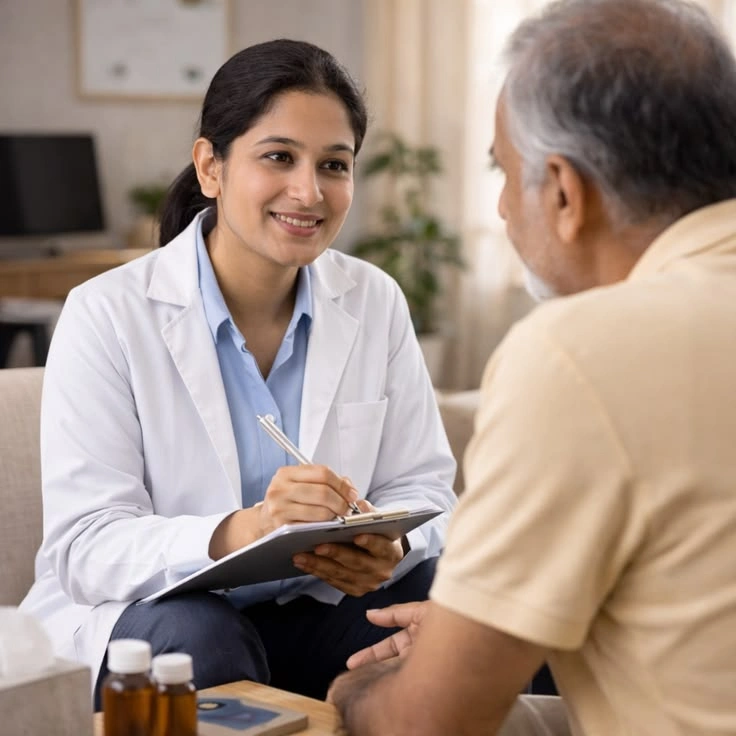 Doctor checking a patient's blood pressure during a routine checkup at Nakshatra Clinic